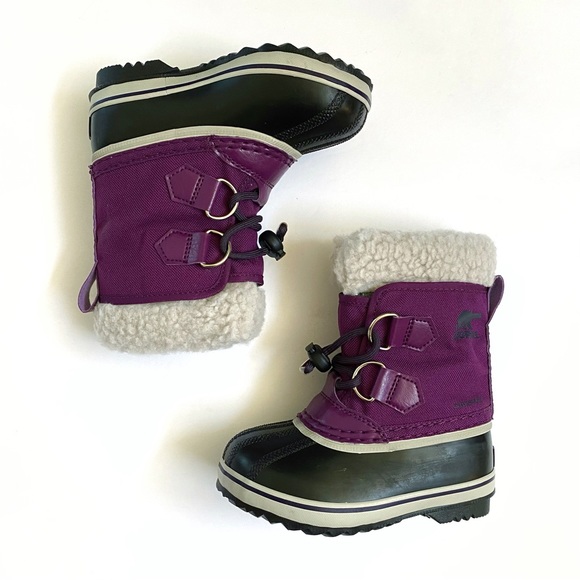 SOREL kids iris plum purple black yoot pac nylon rubber fur trim snow boots - Picture 2 of 11